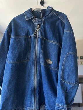 Denim Zip Front Oversized Jacket in Dark Blue